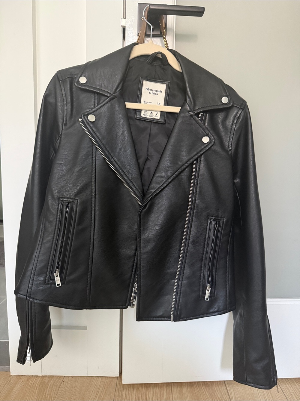 Abercrombie & Fitch Black Faux Leather Moto Jacket with Silver Hardware, size M